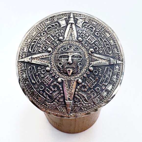 VTG Sterling Silver 925 Mayan Calendar Sun Textured Brooch Size 2" Diameter - Picture 1 of 10